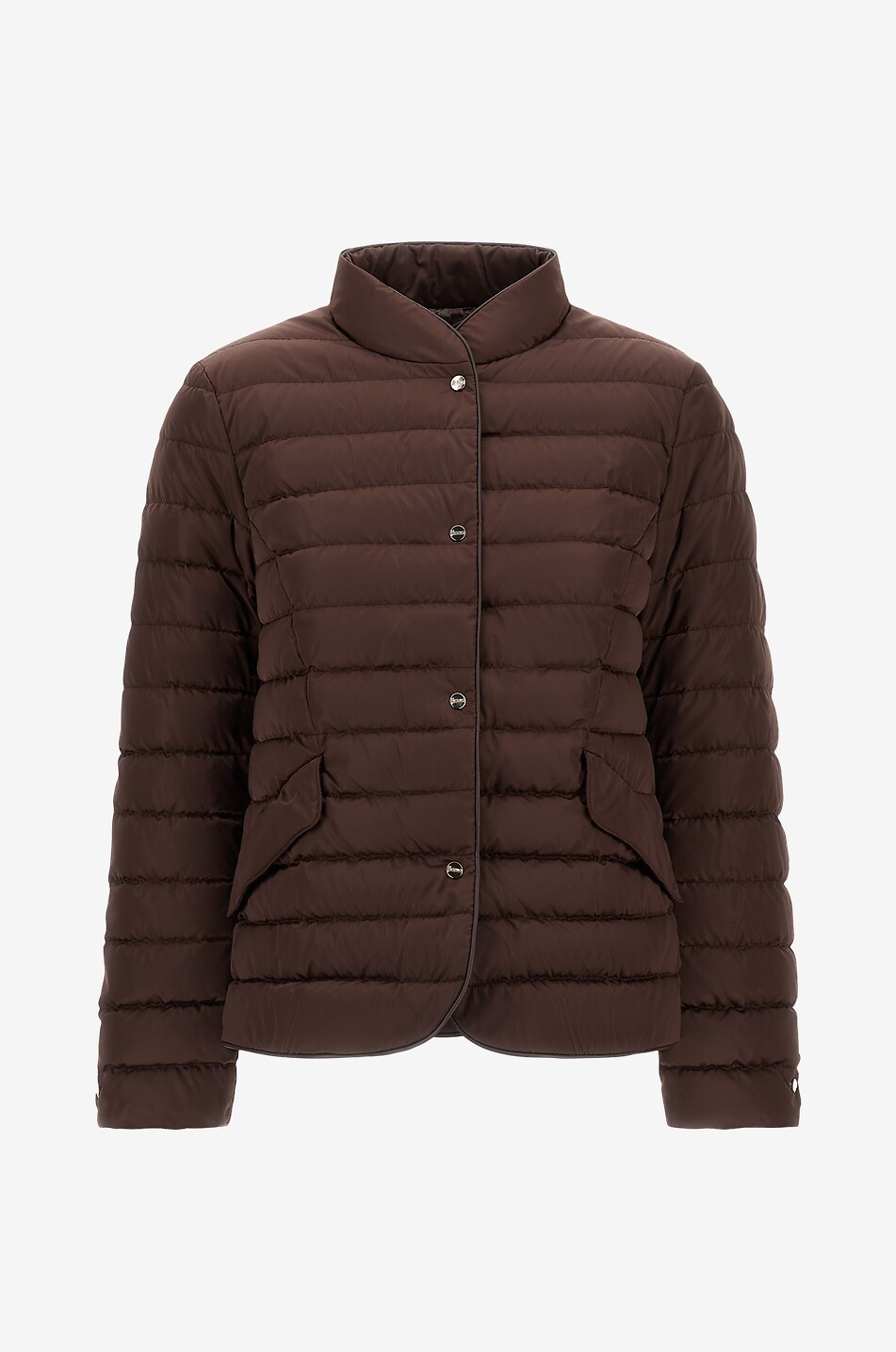 Lightweight fitted down jacket with leather piping and Mandarin collar