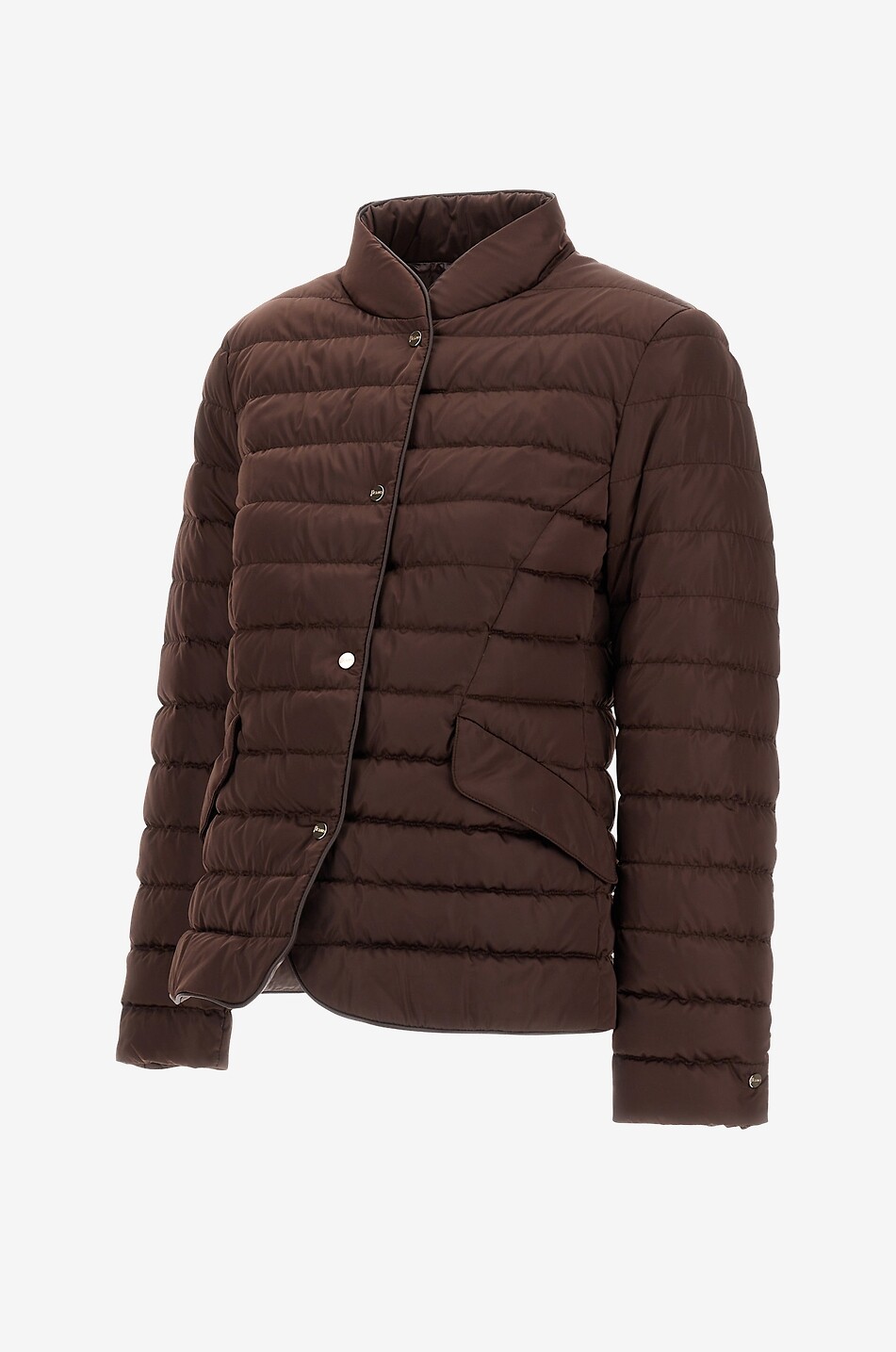 HERNO Lightweight fitted down jacket with leather piping and Mandarin collar Women DARK BROWN 3