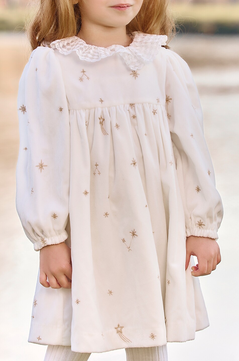 TARTINE ET CHOCOLAT Baby-Langarm-Empire-Kleid aus Samt mit Stern-Stickereien Baby CREMEFARBEN 3