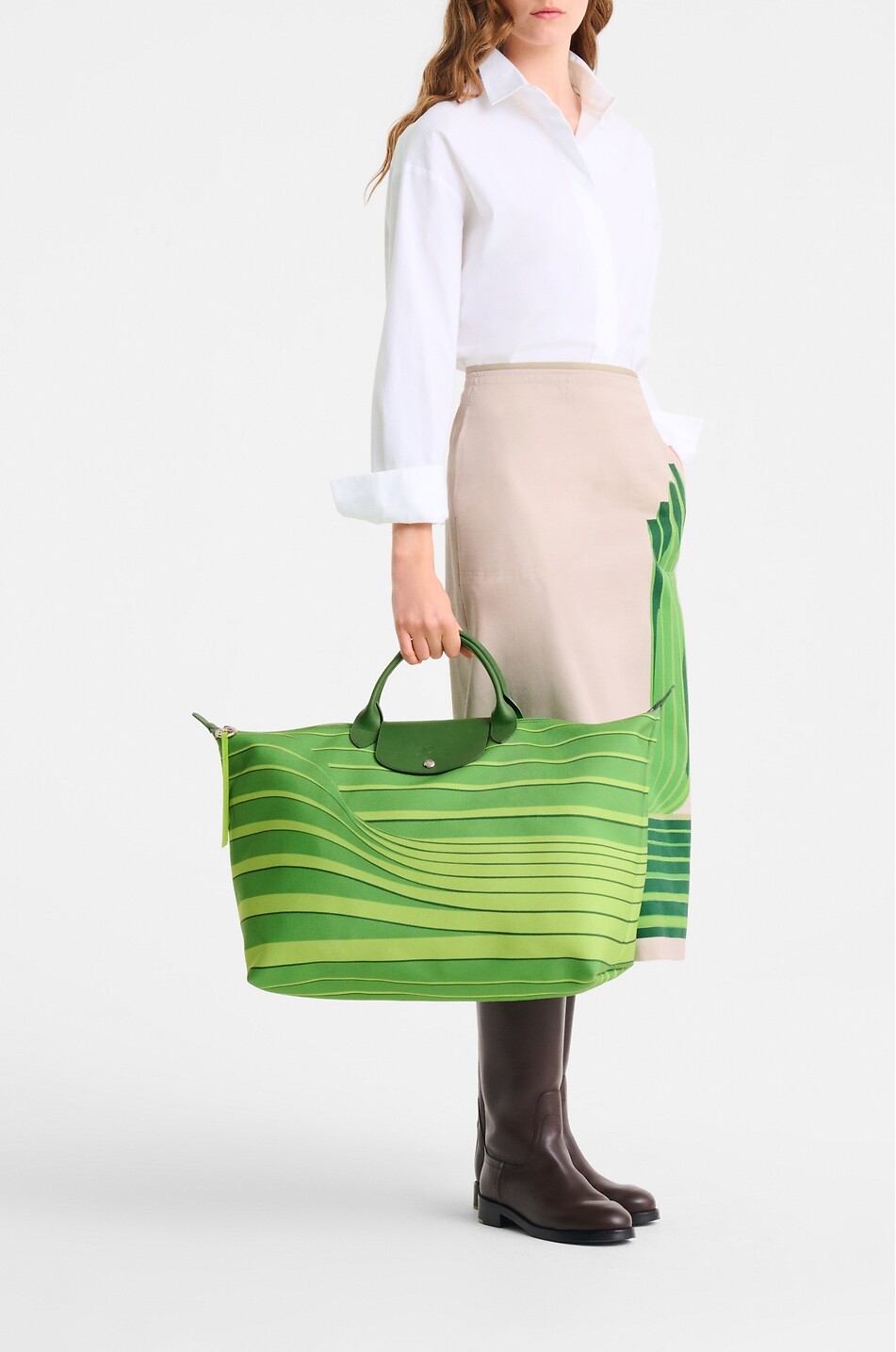 LONGCHAMP Sac de voyage en toile rayé Le Pliage Collection Femme VERT 3
