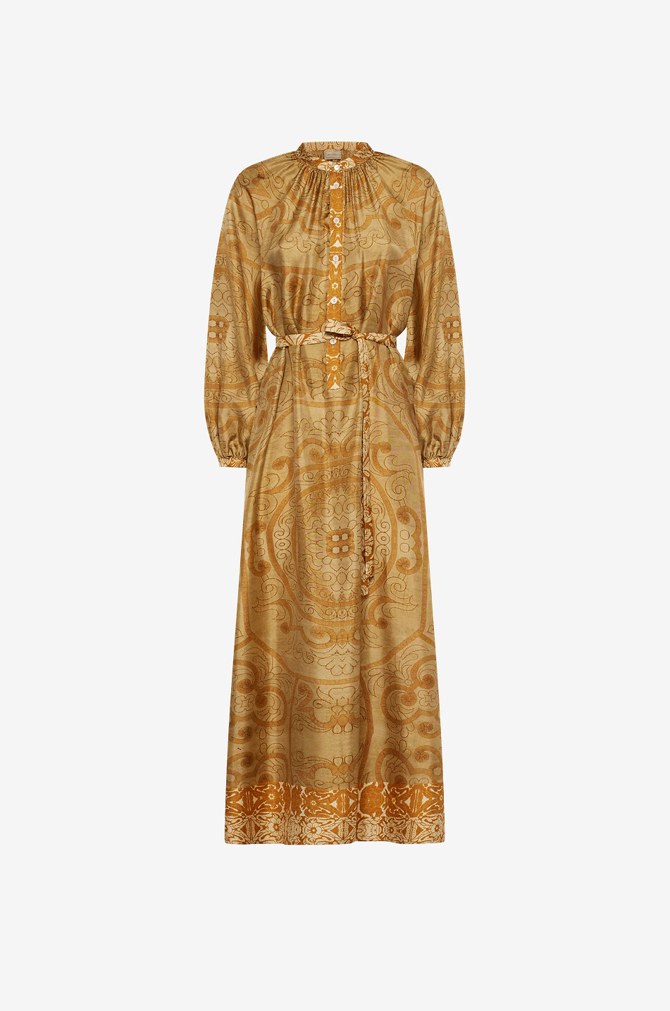 Aloe Zafferano Bruciato printed long silk shirt dress