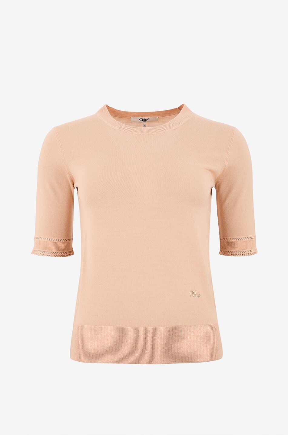 Schmaler Feinstrick-Rundhals-Pullover aus Wolle mit kurzen Ärmeln Chloé