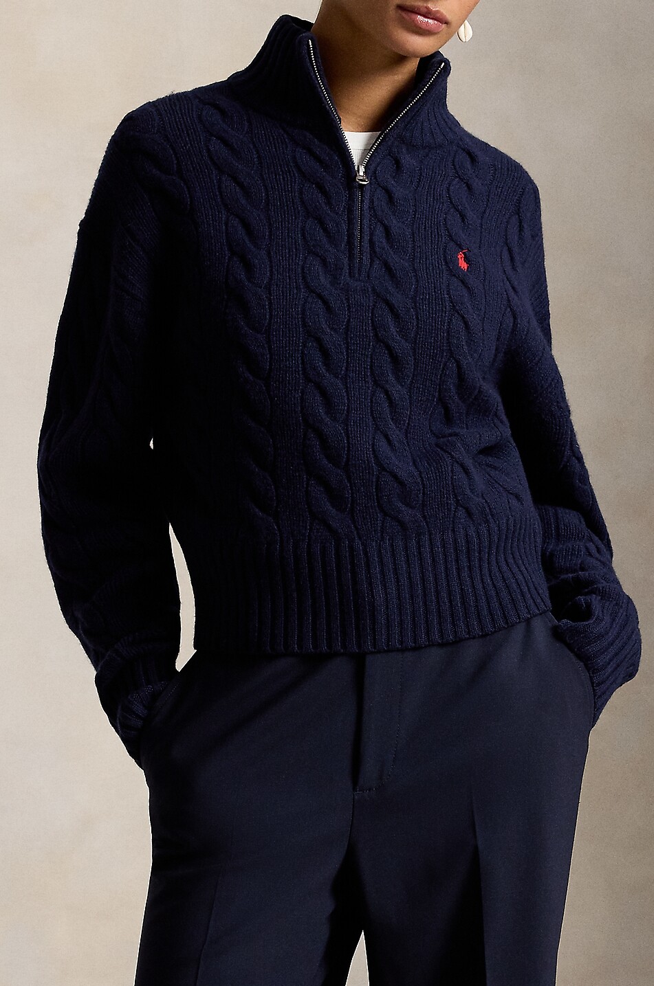 POLO RALPH LAUREN Pony half-zip cable-knit jumper in wool and cashmere Women DARK BLUE 2