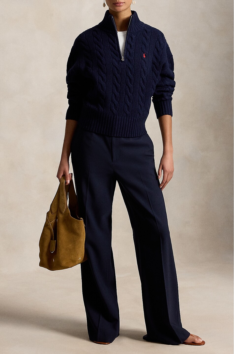 POLO RALPH LAUREN Pony half-zip cable-knit jumper in wool and cashmere Women DARK BLUE 4