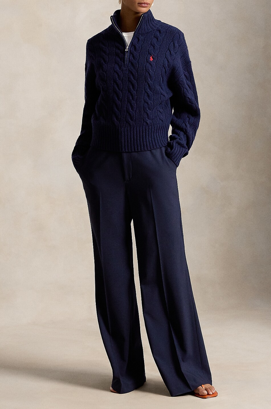 POLO RALPH LAUREN Pony half-zip cable-knit jumper in wool and cashmere Women DARK BLUE 5