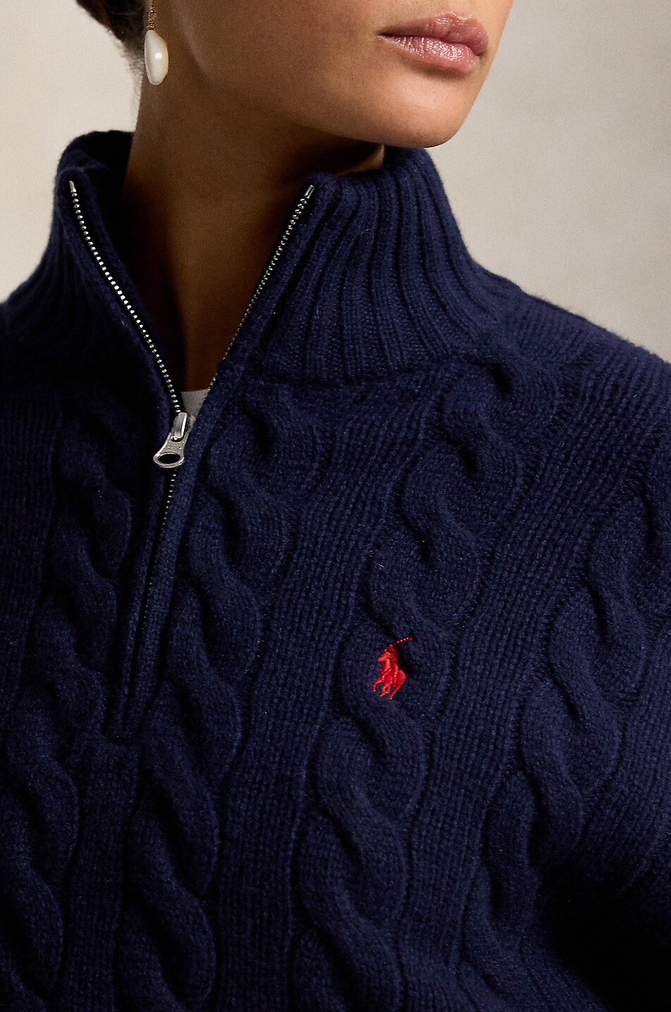 POLO RALPH LAUREN Pony half-zip cable-knit jumper in wool and cashmere Women DARK BLUE 6