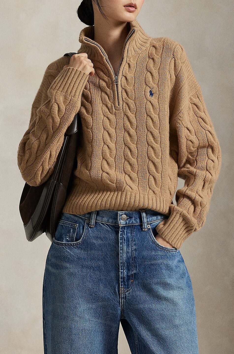 POLO RALPH LAUREN Pony half-zip cable-knit jumper in wool and cashmere Women CAMEL 2