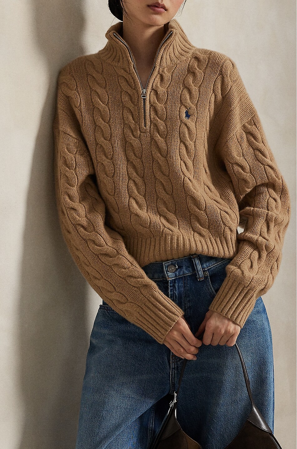 POLO RALPH LAUREN Pony half-zip cable-knit jumper in wool and cashmere Women CAMEL 3