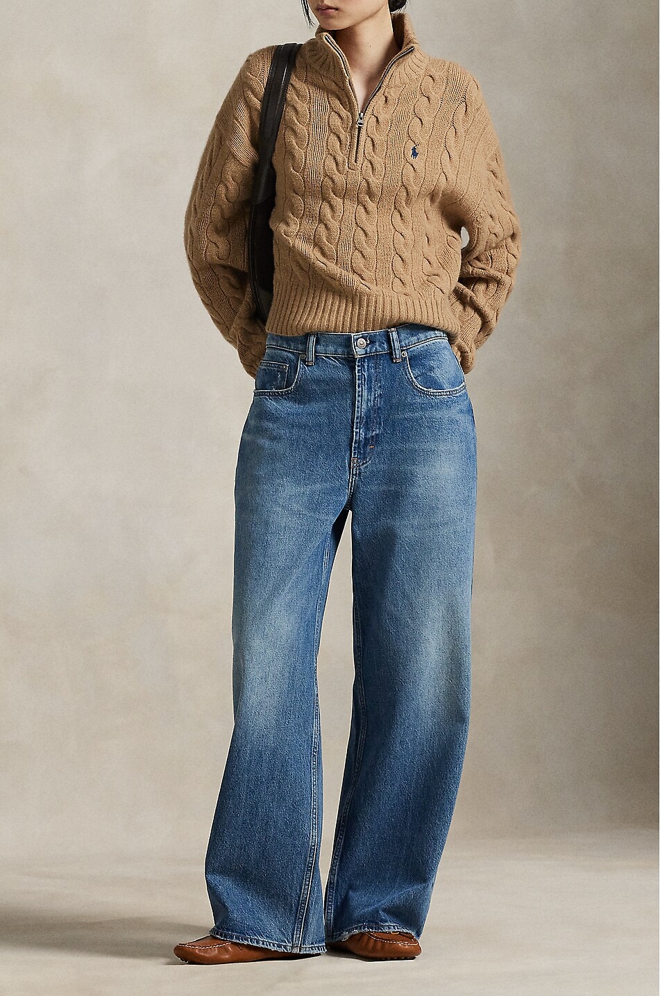 POLO RALPH LAUREN Pony half-zip cable-knit jumper in wool and cashmere Women CAMEL 5