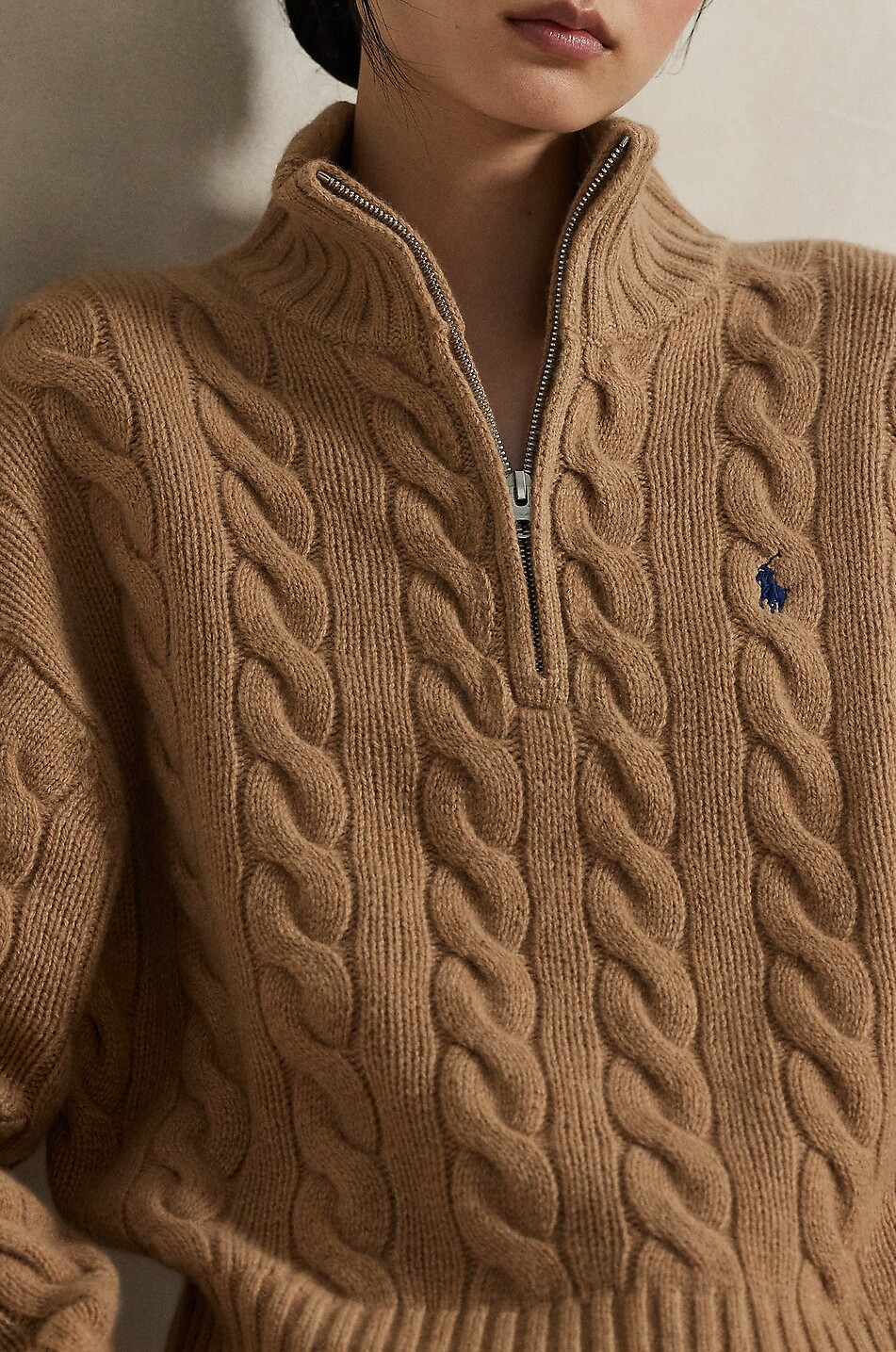 POLO RALPH LAUREN Pony half-zip cable-knit jumper in wool and cashmere Women CAMEL 6