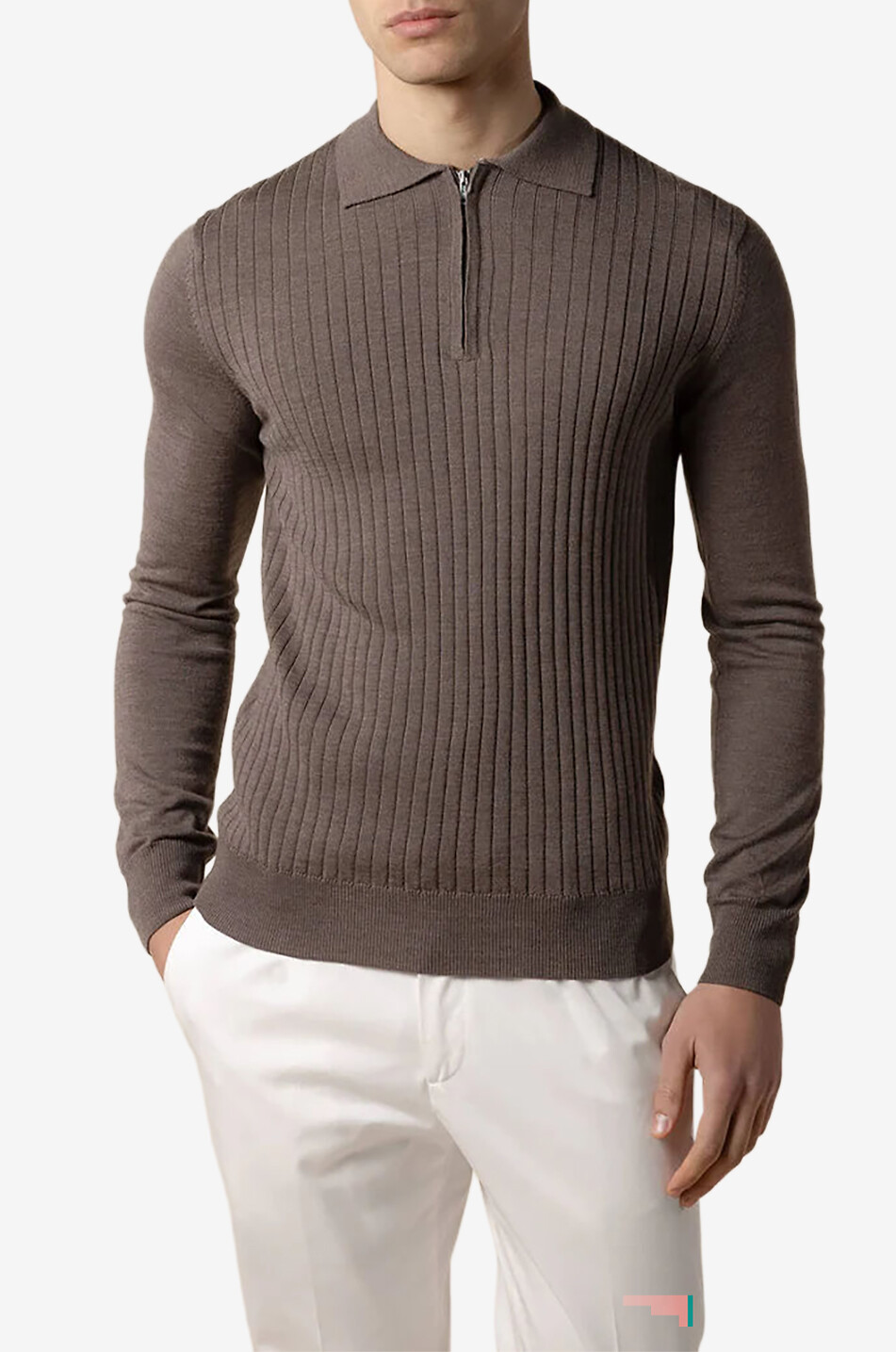 AURELIEN Fitted rib knit Cashwool polo jumper with zipped collar Men BROWN 2