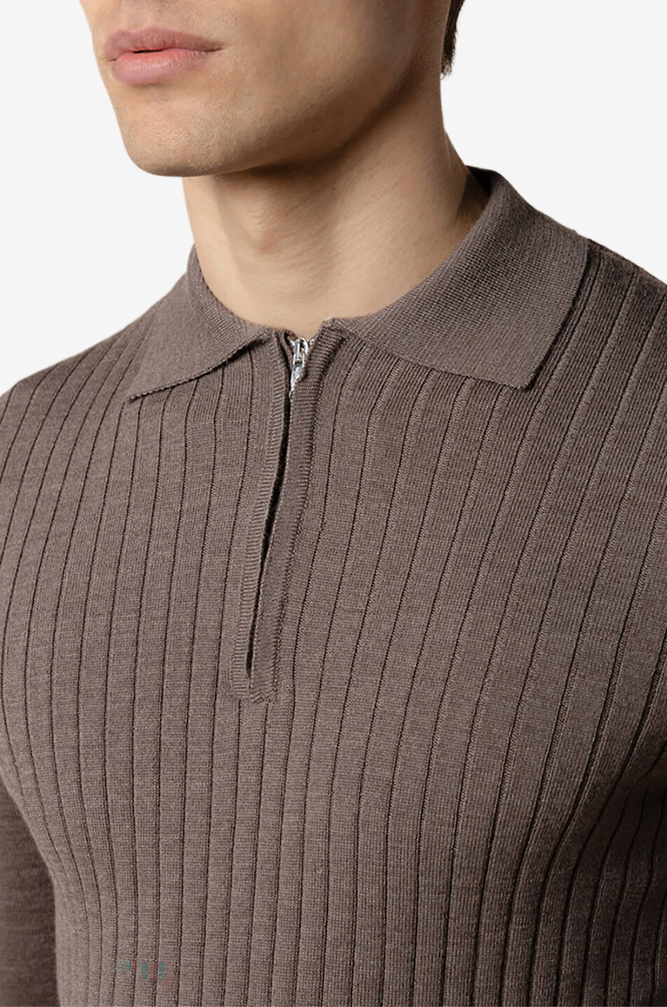 AURELIEN Fitted rib knit Cashwool polo jumper with zipped collar Men BROWN 4