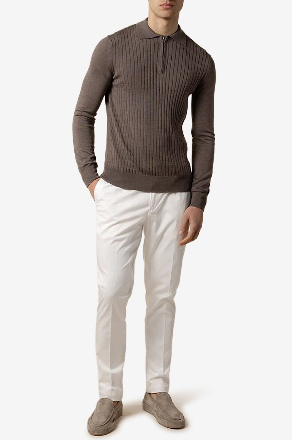 AURELIEN Fitted rib knit Cashwool polo jumper with zipped collar Men BROWN 5
