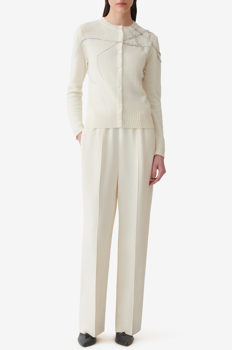 FABIANA FILIPPI Cardigan à col rond en Platinum brodé de strass Femme BLANC 2