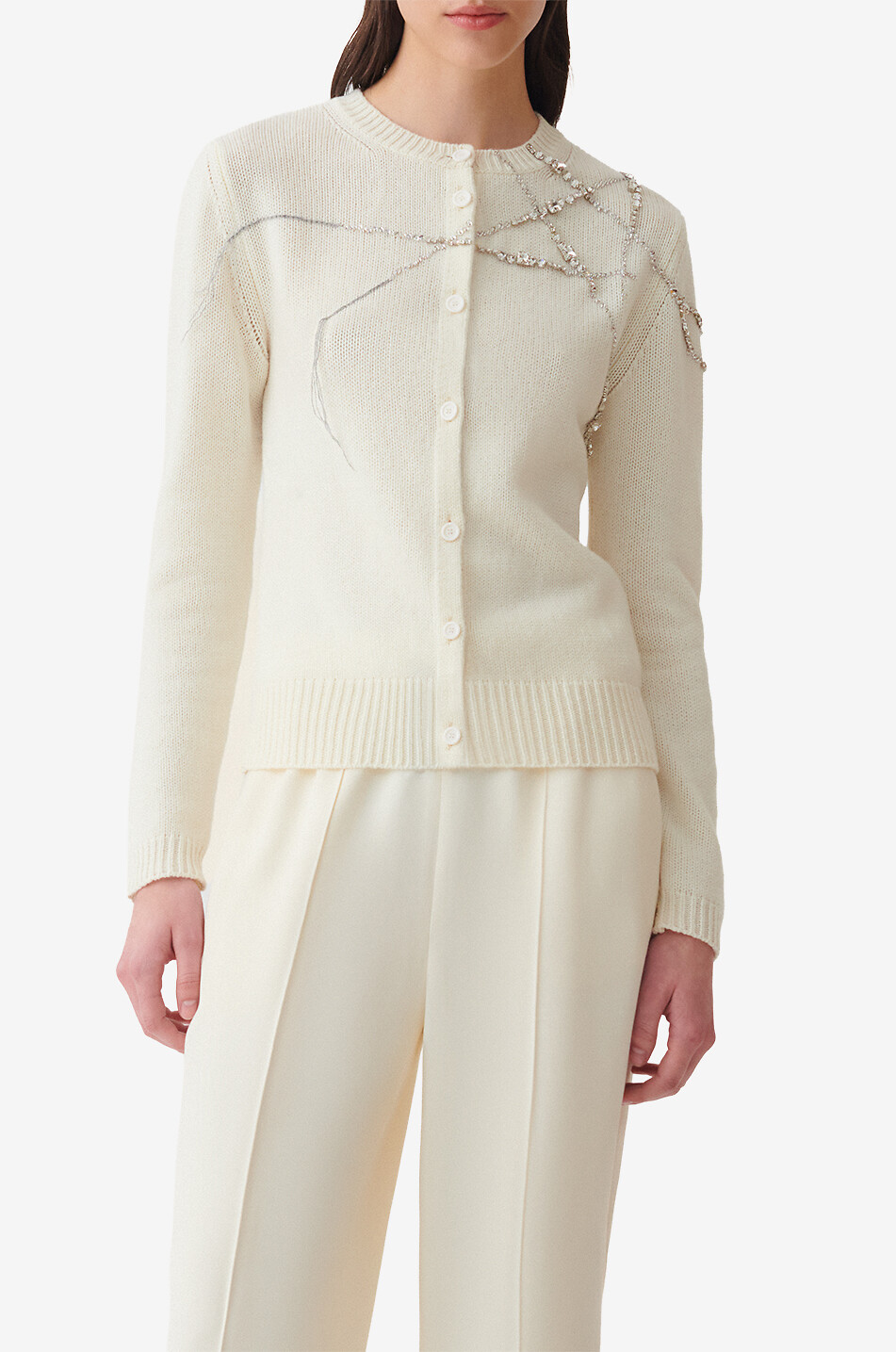 FABIANA FILIPPI Cardigan à col rond en Platinum brodé de strass Femme BLANC 6