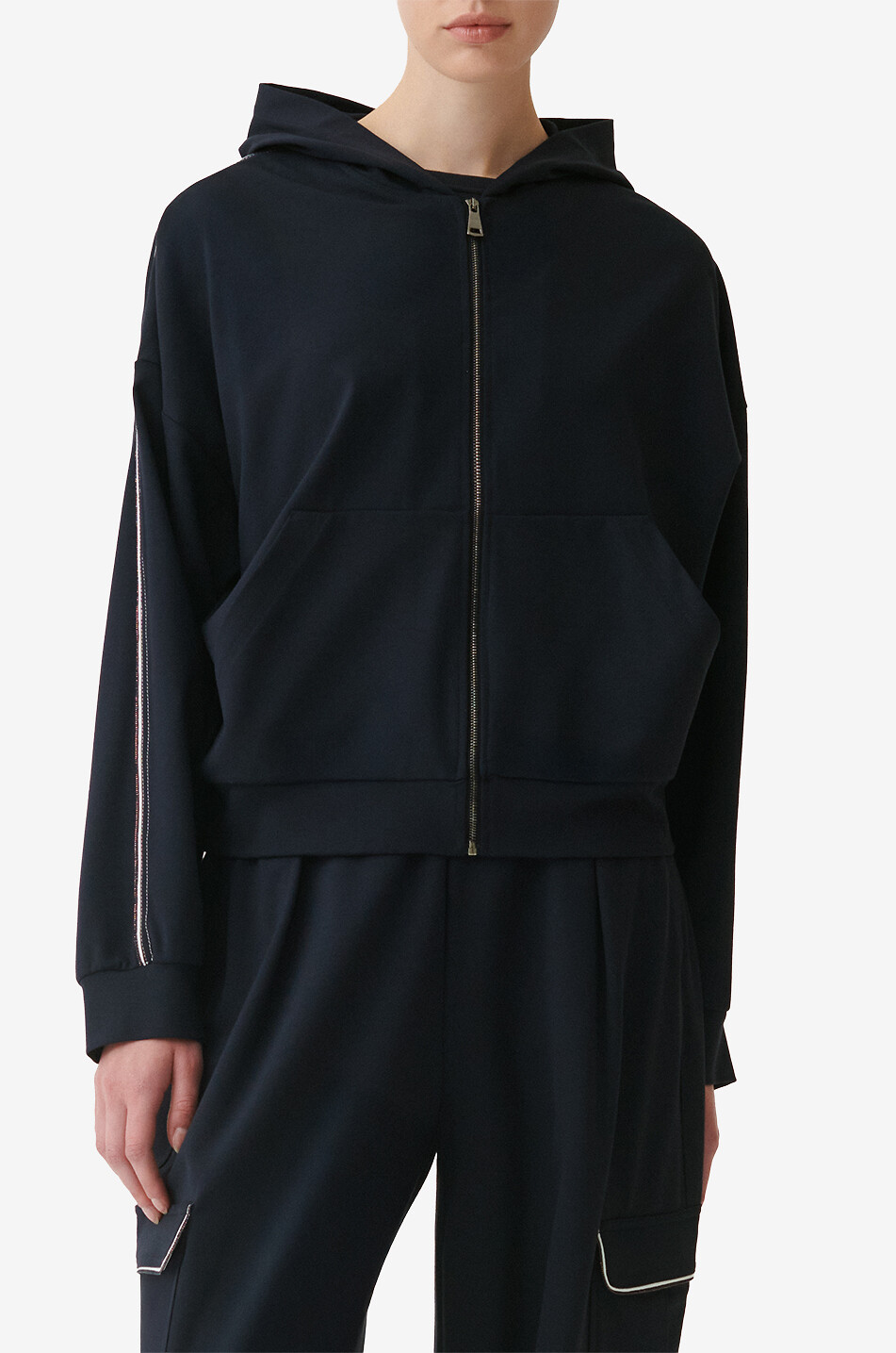 FABIANA FILIPPI Sweat-shirt zippé à capuche en jersey Punto Milano orné de Filo Diamante Femme BLEU FONCE 5