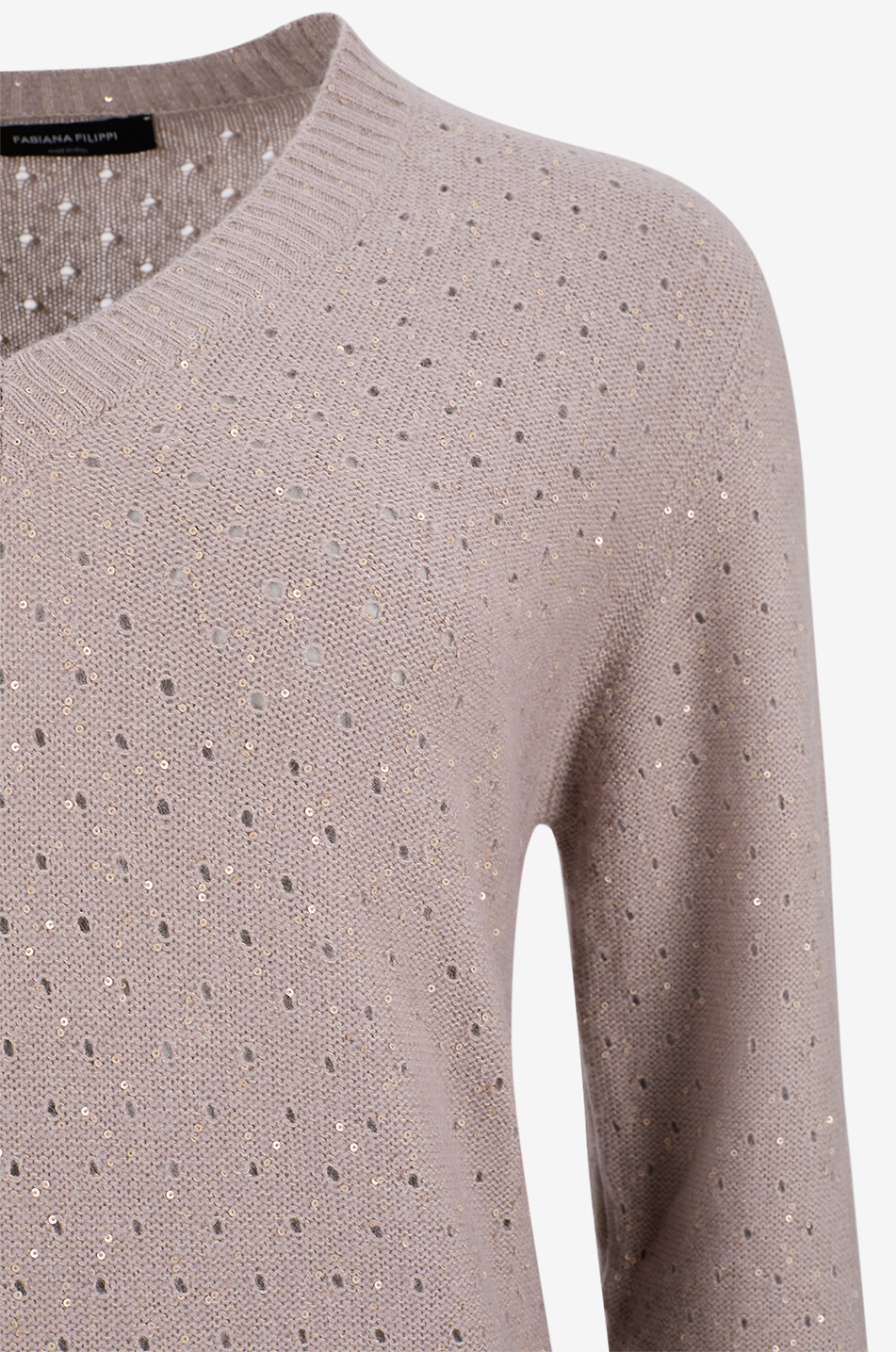 FABIANA FILIPPI Pull ajouré à col V en laine et soie mélangées orné de sequins Femme Beige moyen 3