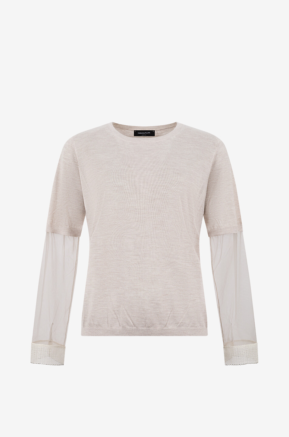 FABIANA FILIPPI Pull fin à col rond en soie et cachemire à manches en tulle Femme BEIGE 1