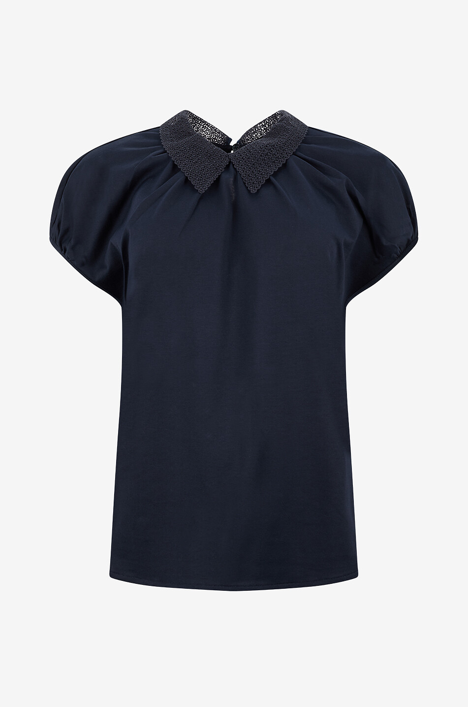Top en jersey à manches courtes et col chemise en dentelle