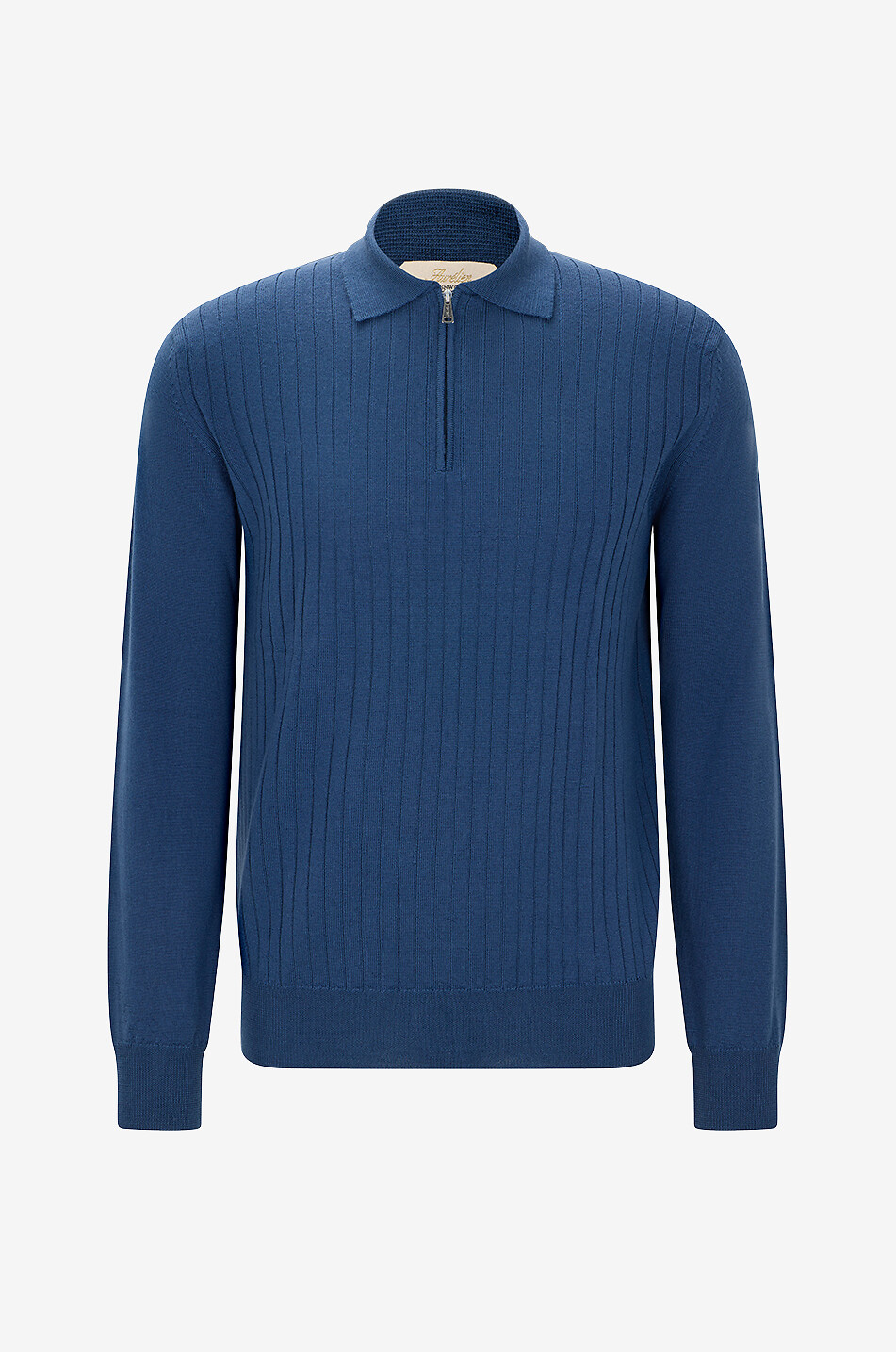 AURELIEN Pull polo ajusté côtelé en Cashwool à col zippé Homme BLEU 1