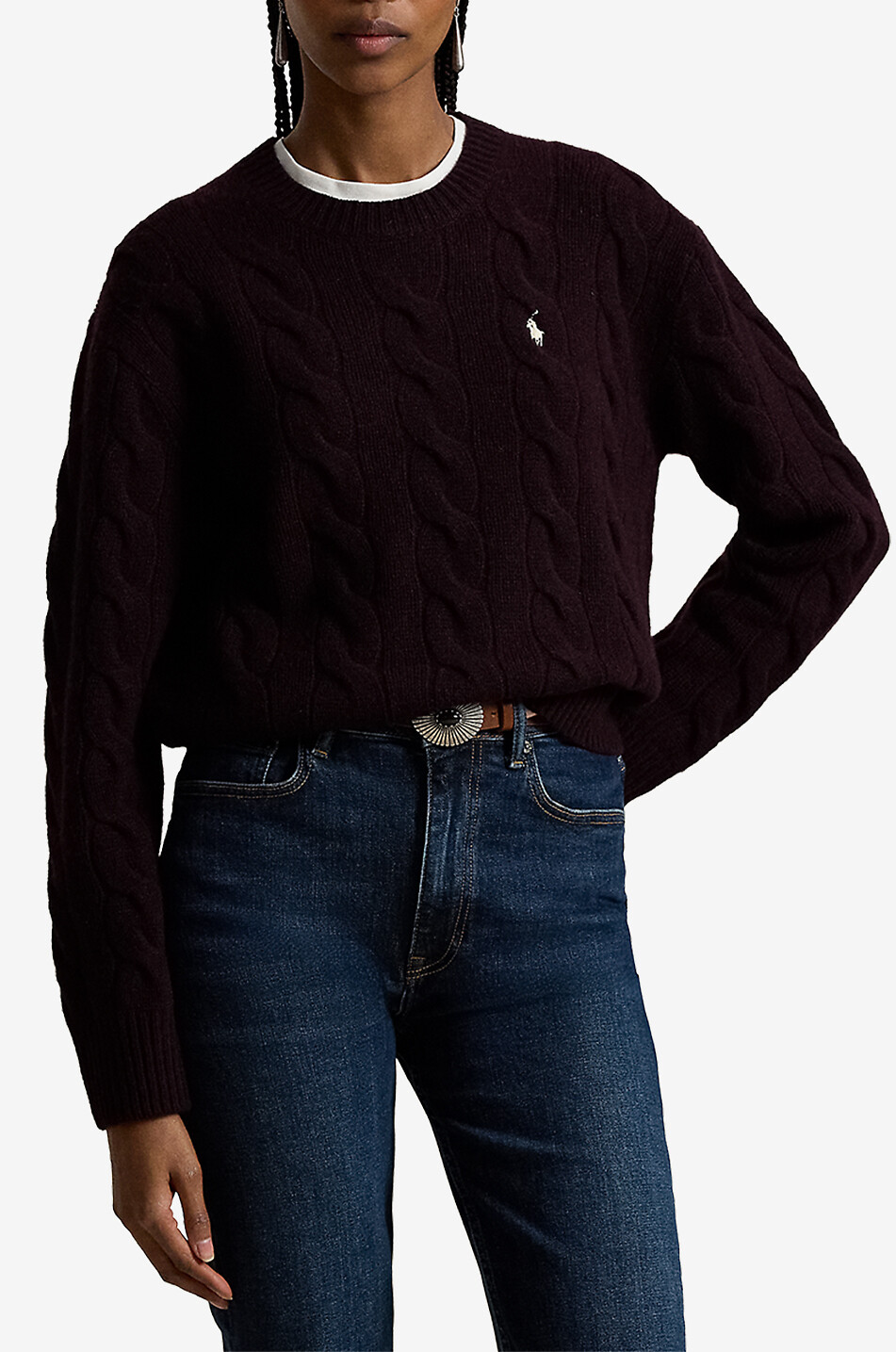 POLO RALPH LAUREN Pony crewneck cable-knit wool and cashmere jumper Women DARK PURPLE 2