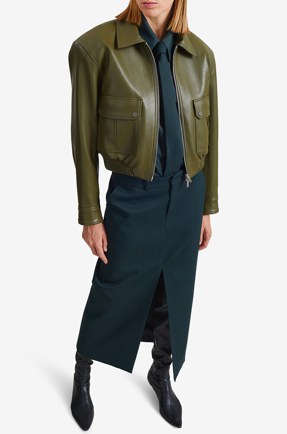 THE FRANKIE SHOP Veste courte en cuir synthétique à col chemise Val Femme KAKI 4