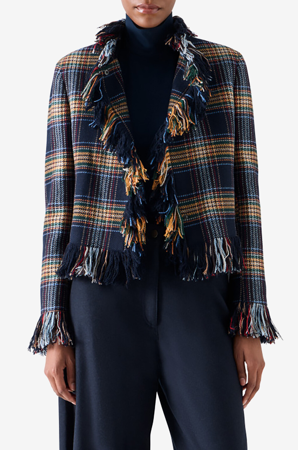 AKRIS PUNTO Checked lightweight mixed wool fringed jacket Women MULTI COLOURED 6
