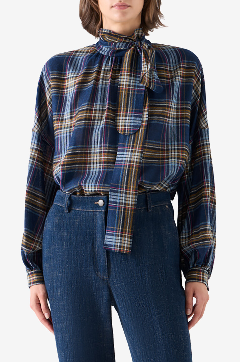 AKRIS PUNTO Blouse à carreaux ample en laine mélangée à lavallière Femme MULTICOLORE 3