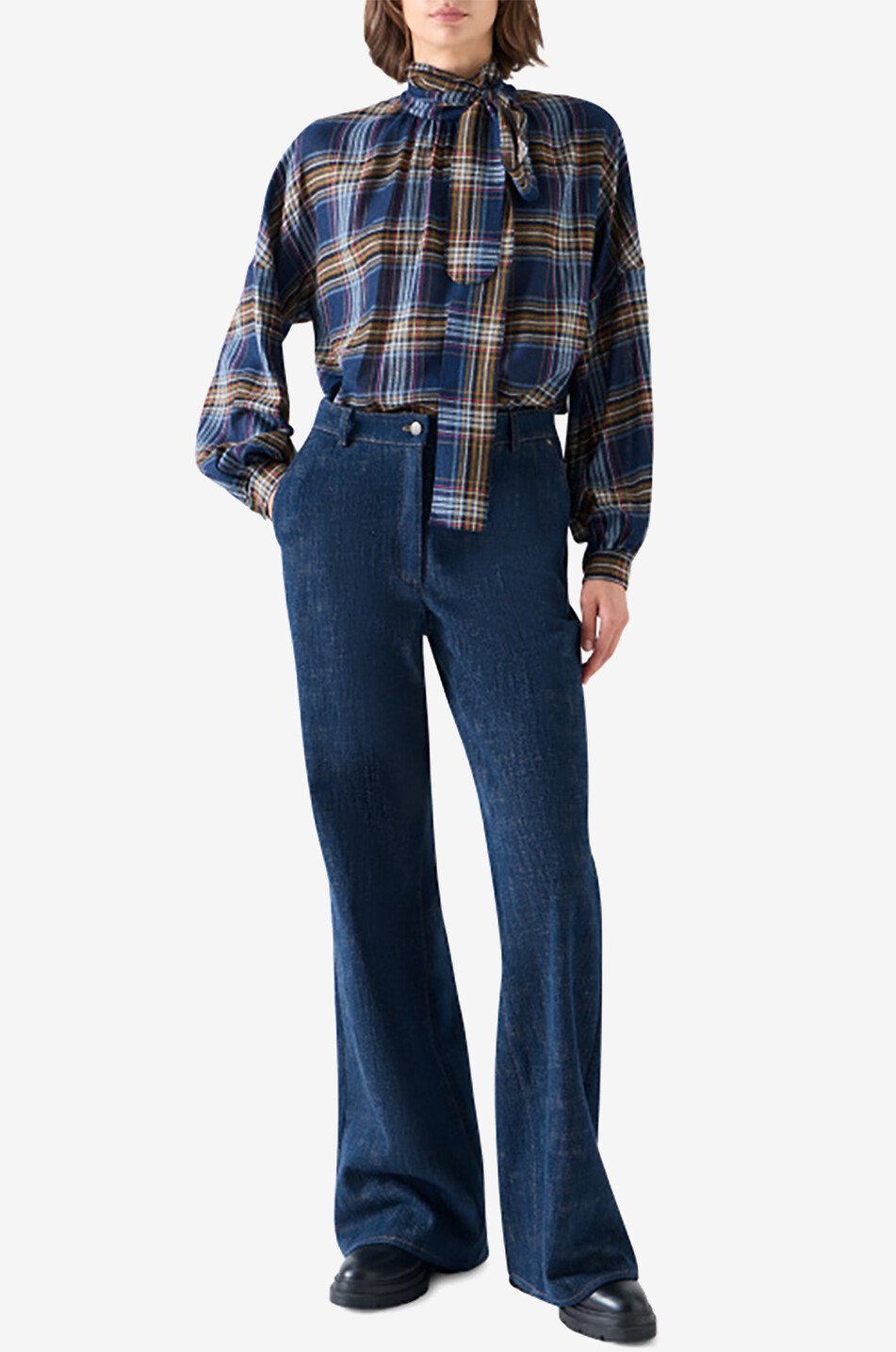 AKRIS PUNTO Blouse à carreaux ample en laine mélangée à lavallière Femme MULTICOLORE 5