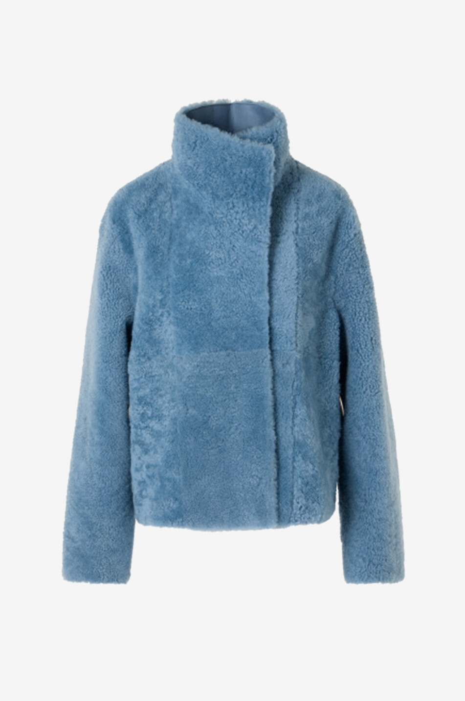 Reversible shearling short coat with funnel neck