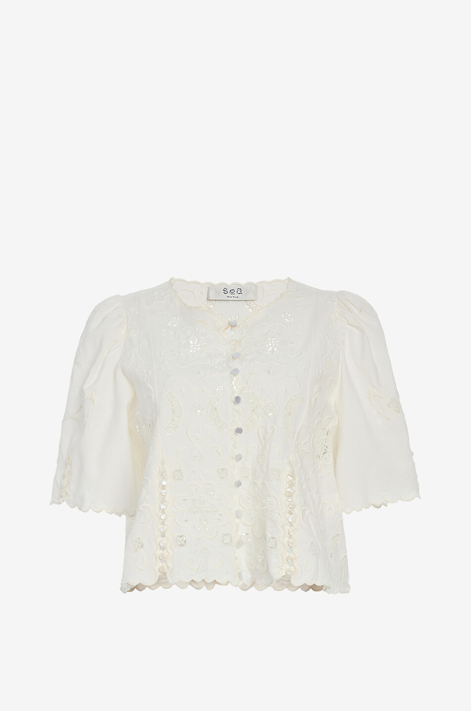 Gardener cotton and linen short-sleeved eyelet-embroidery blouse