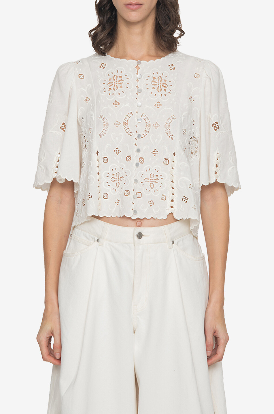 SEA Gardener cotton and linen short-sleeved eyelet-embroidery blouse Women WHITE 2