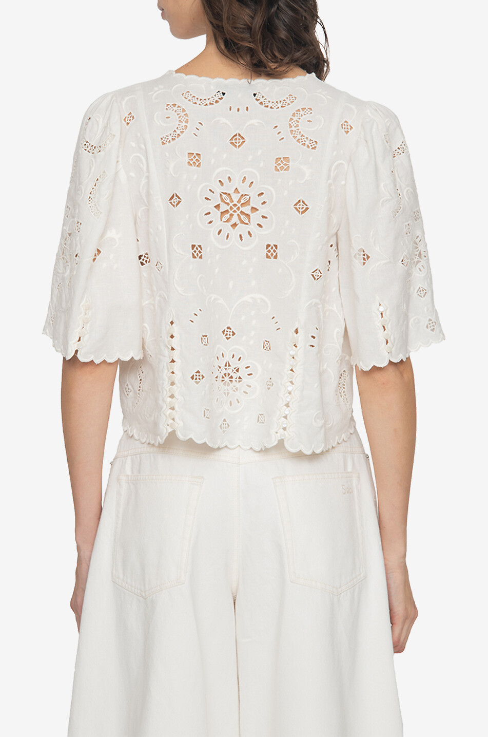 SEA Gardener cotton and linen short-sleeved eyelet-embroidery blouse Women WHITE 3