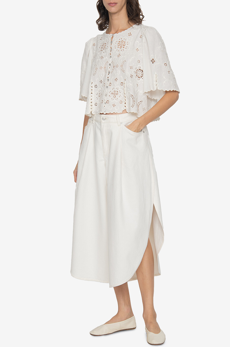 SEA Gardener cotton and linen short-sleeved eyelet-embroidery blouse Women WHITE 4