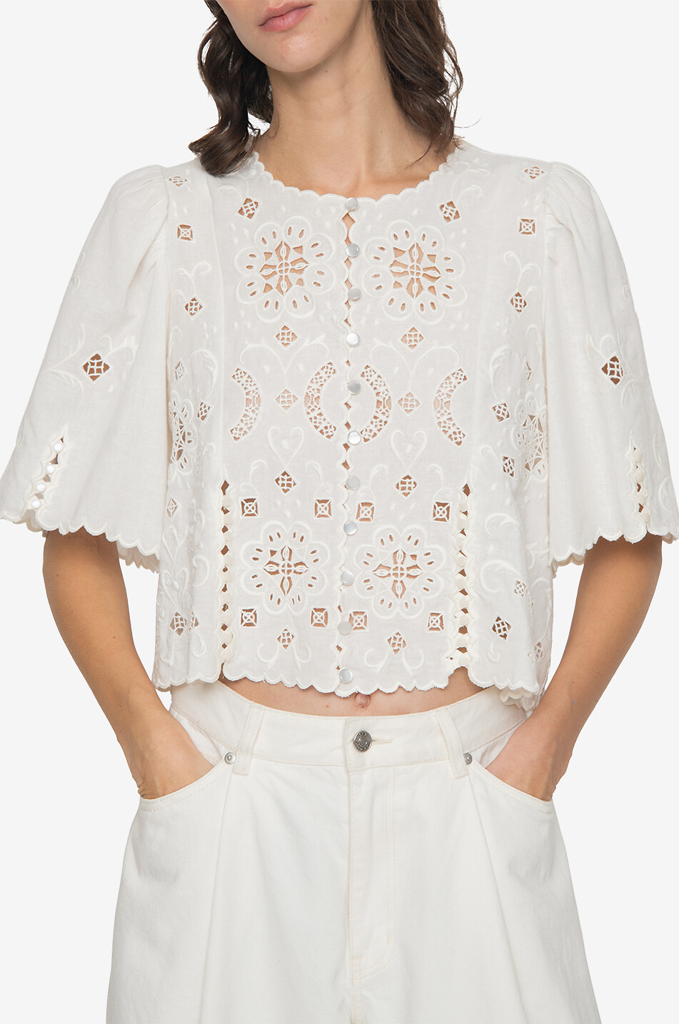 SEA Gardener cotton and linen short-sleeved eyelet-embroidery blouse Women WHITE 5