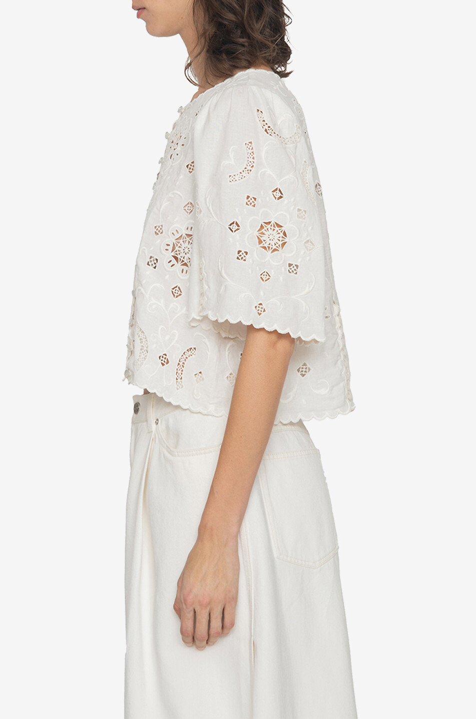 SEA Gardener cotton and linen short-sleeved eyelet-embroidery blouse Women WHITE 6