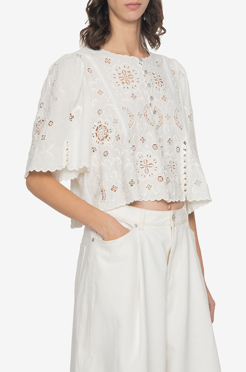 SEA Gardener cotton and linen short-sleeved eyelet-embroidery blouse Women WHITE 7