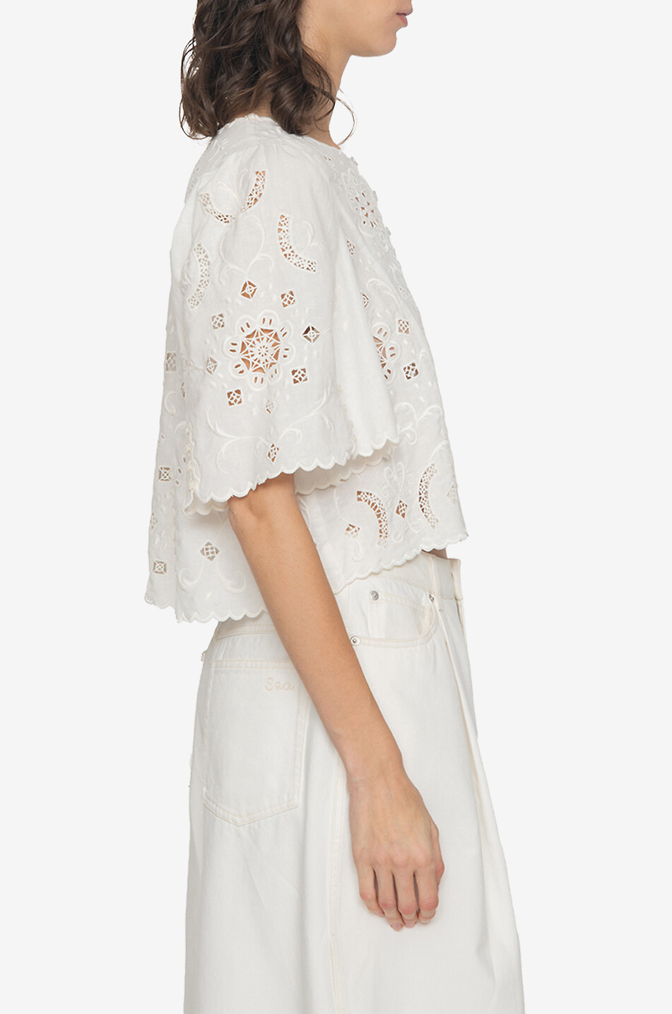 SEA Gardener cotton and linen short-sleeved eyelet-embroidery blouse Women WHITE 8