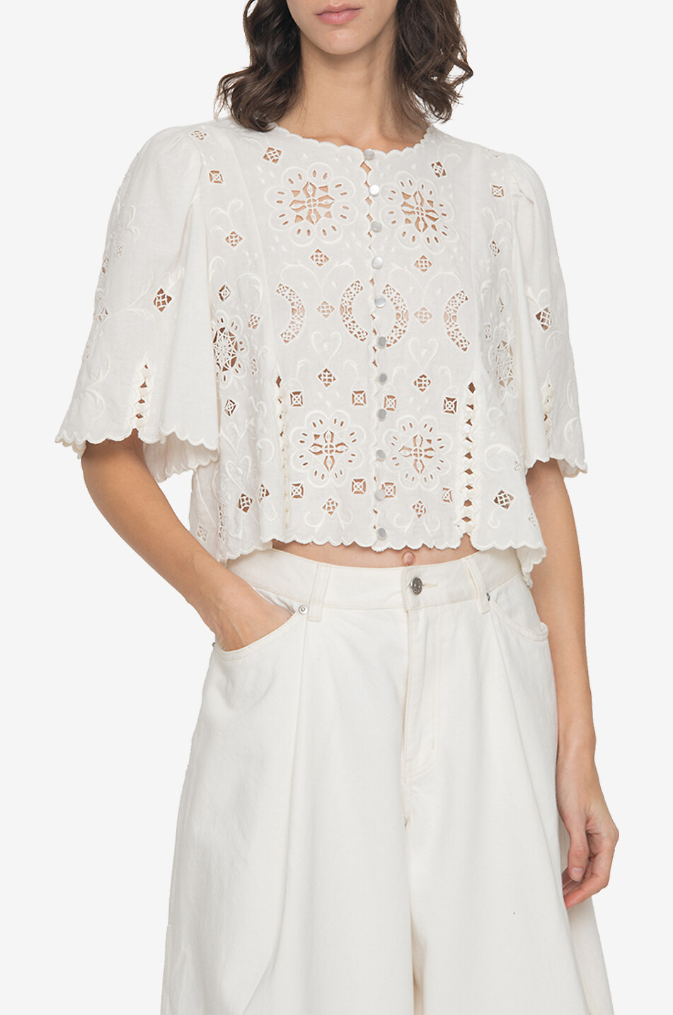 SEA Gardener cotton and linen short-sleeved eyelet-embroidery blouse Women WHITE 9