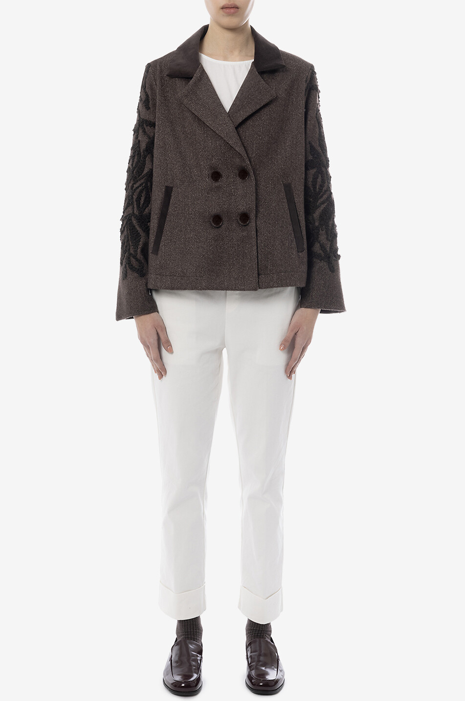 YC MILANO Double-breasted embroidered wool blend blazer Women DARK BROWN 3