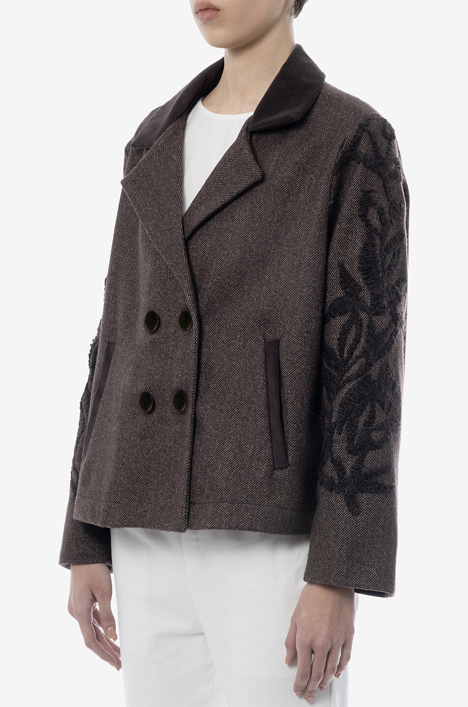 YC MILANO Double-breasted embroidered wool blend blazer Women DARK BROWN 4