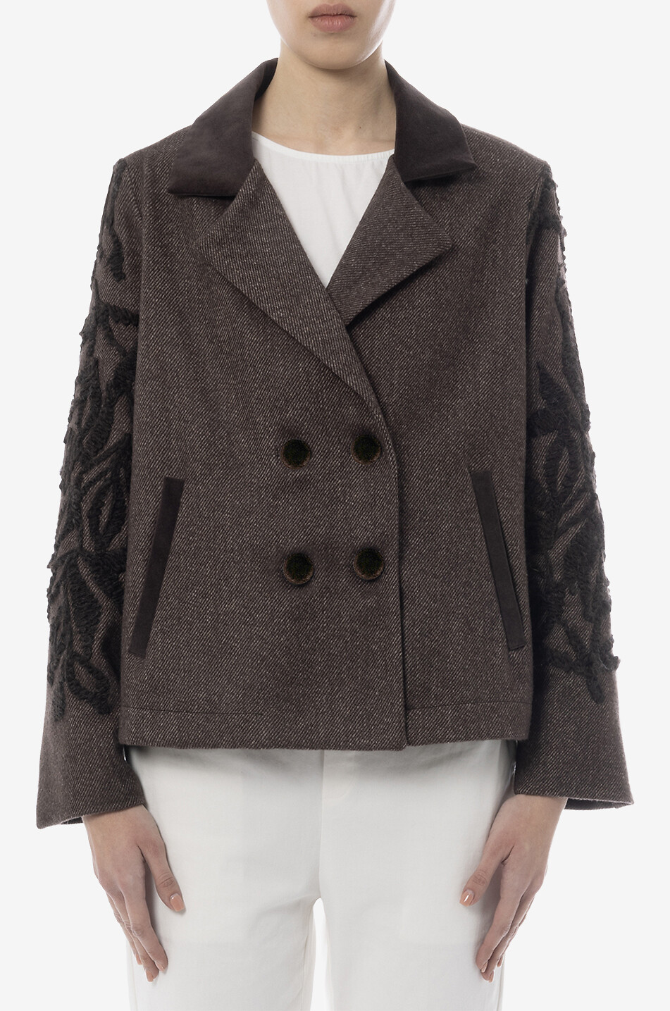 YC MILANO Double-breasted embroidered wool blend blazer Women DARK BROWN 5