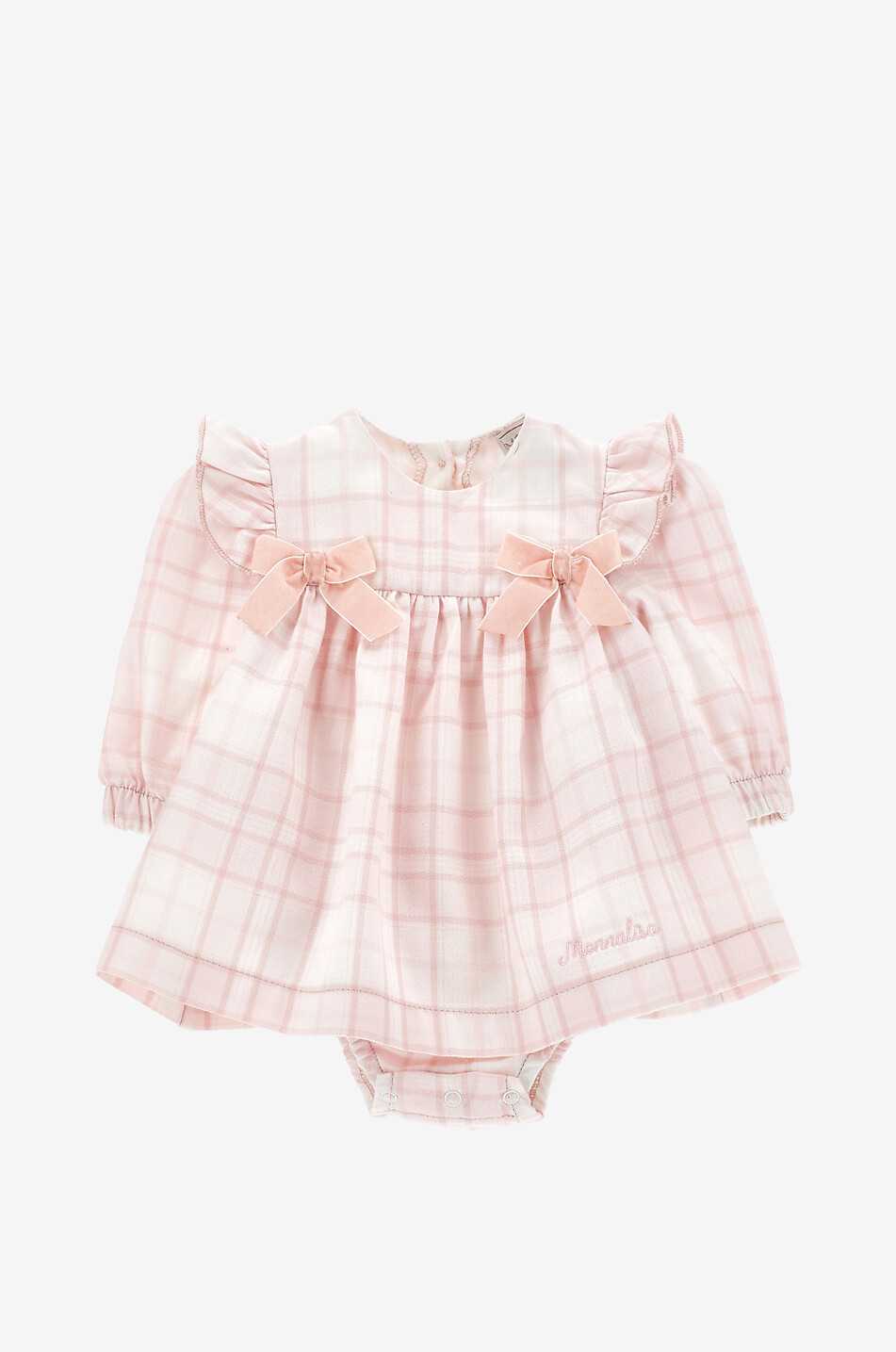 MONNALISA Checked cotton baby dress and bloomers with bows Baby PINK 1