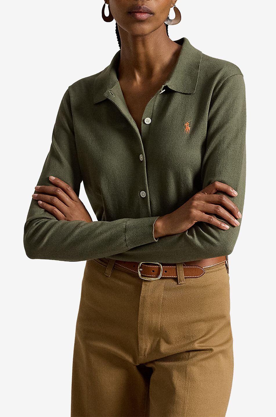 POLO RALPH LAUREN Pony fine-gauge cotton cardigan with polo collar Women KHAKI 2