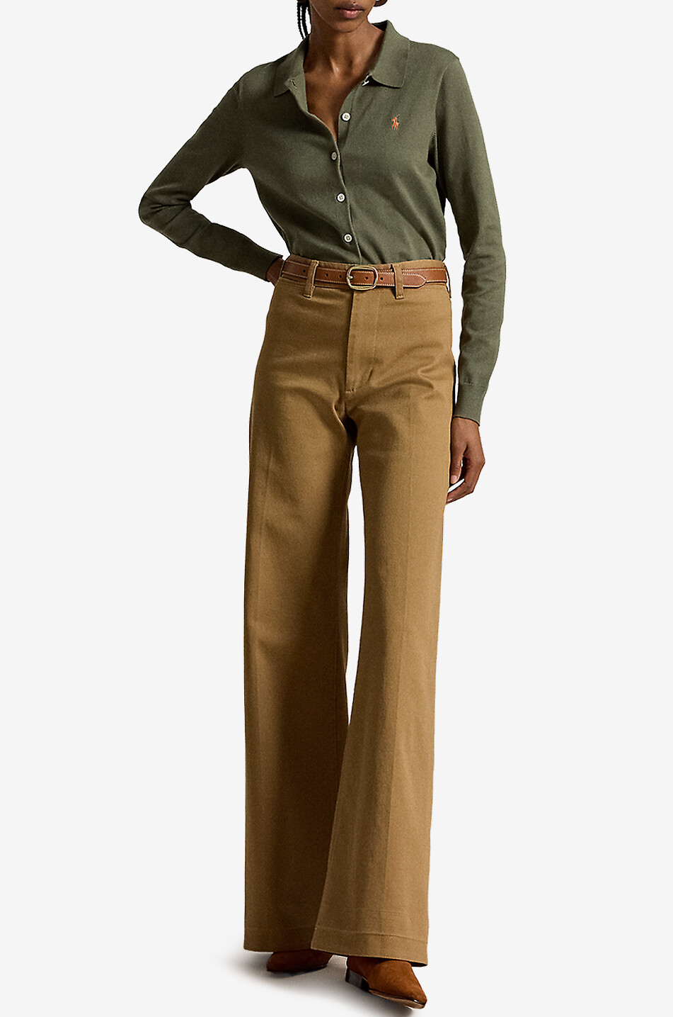 POLO RALPH LAUREN Pony fine-gauge cotton cardigan with polo collar Women KHAKI 4