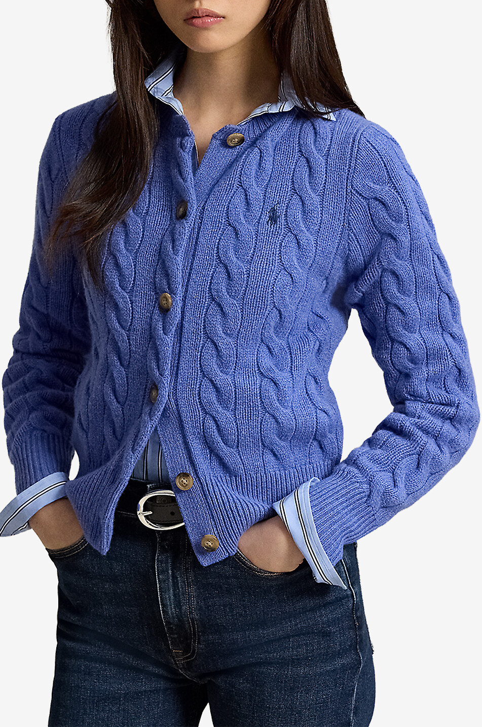 POLO RALPH LAUREN Pony crewneck cable-knit wool and cashmere cardigan Women BLUE 2