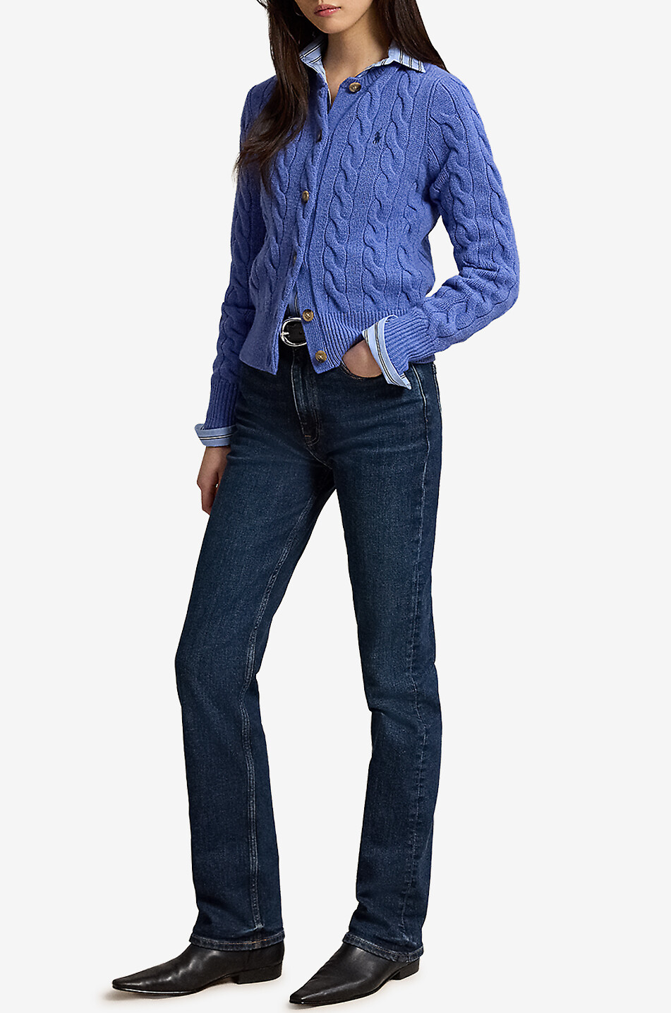 POLO RALPH LAUREN Pony crewneck cable-knit wool and cashmere cardigan Women BLUE 4