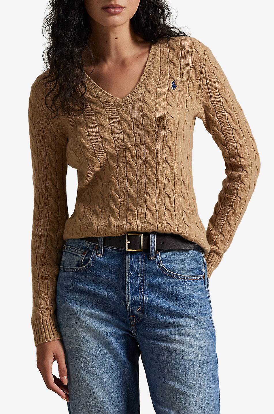 POLO RALPH LAUREN Pony wool and cashmere V-neck cable-knit jumper Women CAMEL 2