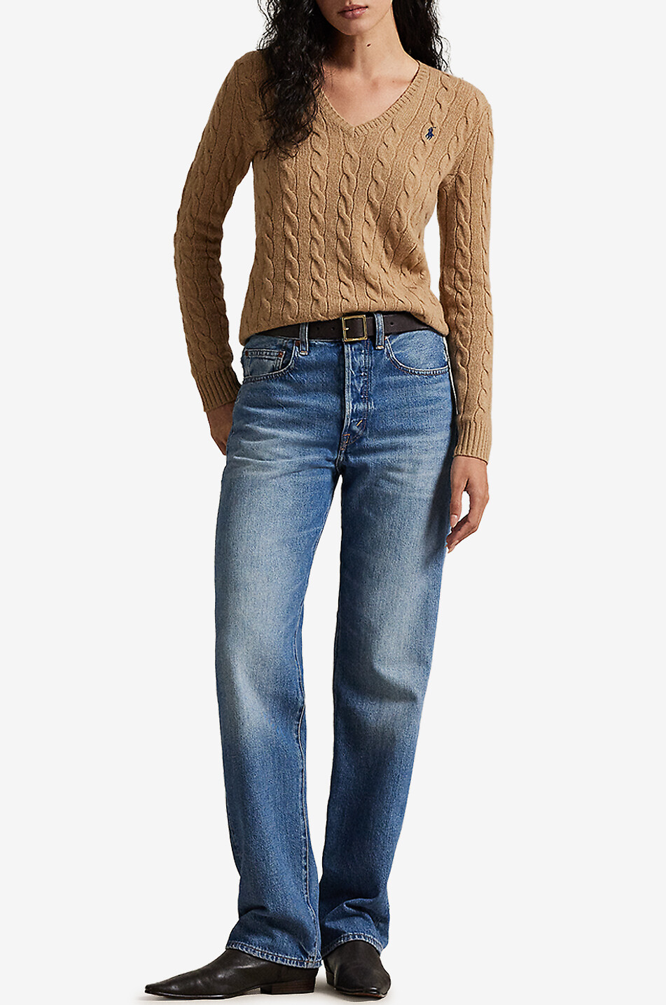 POLO RALPH LAUREN Pony wool and cashmere V-neck cable-knit jumper Women CAMEL 4