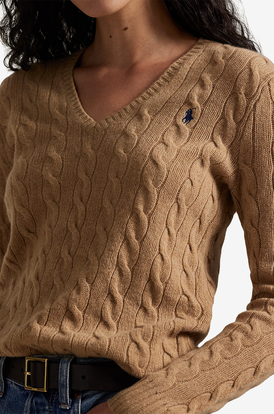 POLO RALPH LAUREN Pony wool and cashmere V-neck cable-knit jumper Women CAMEL 5
